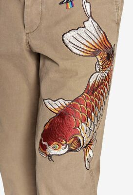 GUCCI Koi Fish Chinos Cotton Pants Camel Fish Appliqué Size 40