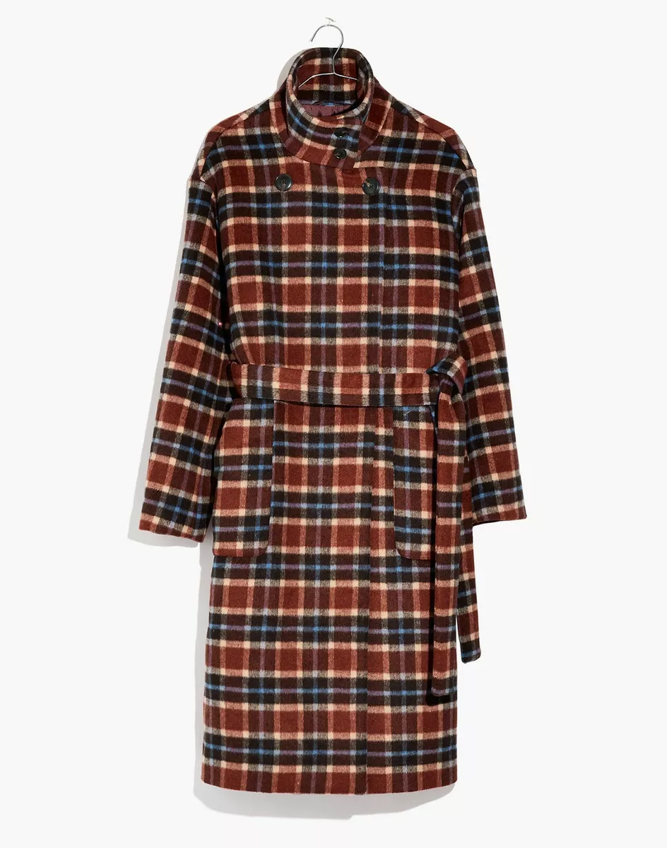 NWT Madewell Women Wool Rust Burgundy Plaid Long Belted Jacket