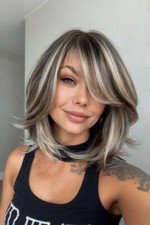 Bob Brown Mixed Blonde Highlights Short Straight Lace Front 100 Human Hair Wig