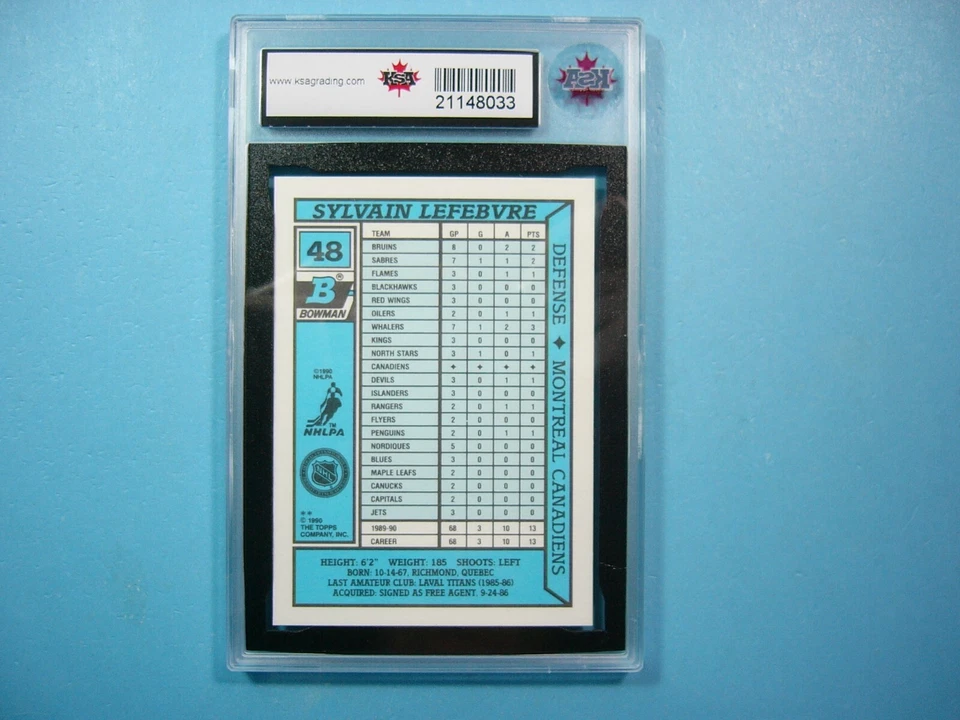 1990/91 BOWMAN TIFFANY NHL HOCKEY CARD #48 SYLVAIN LEFEBVRE ROOKIE RC KSA 10 GEM - Image 2 of 4