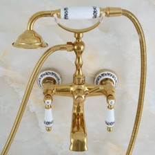 Golden Brass Wall Mount Bathroom Clawfoot Tub Faucet Mixer Tap w/ Hand Shower