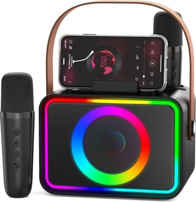 Tragbare Karaoke Maschine Bluetooth Lautsprecher mit 2 Mikrofonen für Kinder Erwachsene