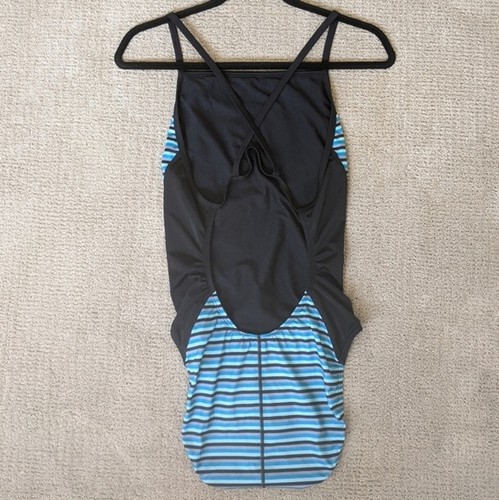 SPEEDO Black Blue Gray Stiped One Piece Performance Swimsuit size 14 - Picture 2 of 14