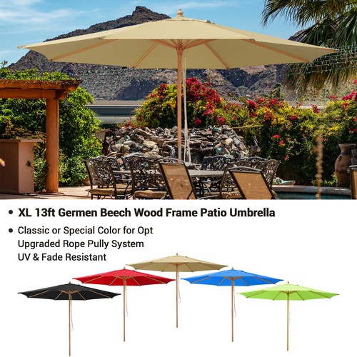 XL Shade 13Ft Wood Patio Umbrella 8 Rib 48mm Pole Table Parasol Outdoor ...