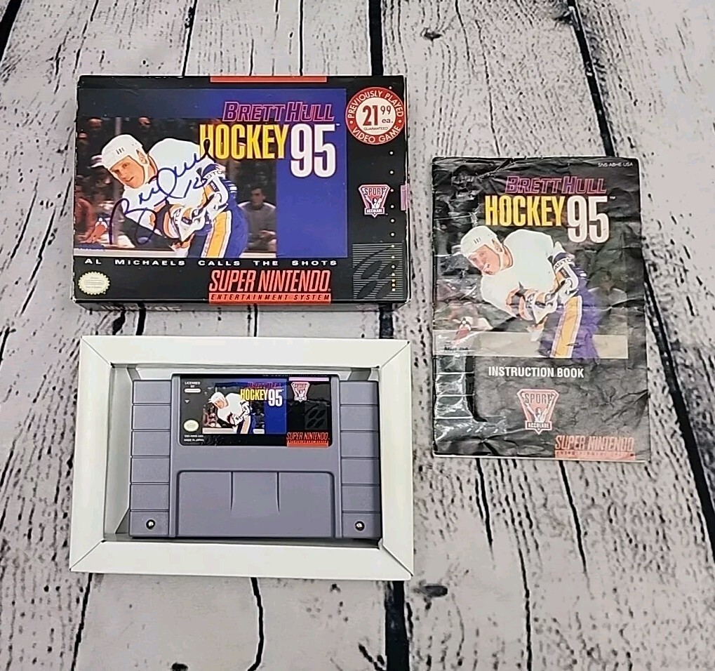 SIGNED Brett Hull Hockey 95 SUPER NINTENDO SNES GAME COMPLETE *RARE*