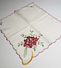 Pink Green Embroidered Scalloped Floral Flower Handkerchief Hankie Boho Vtg MCM