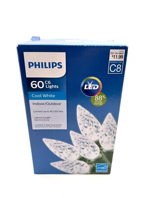 60 Count Philips Warm White LED Faceted C6 String Light Lighted Length 19.6 FT