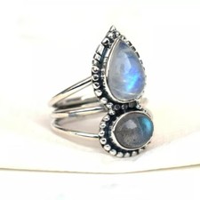 Moonstone Labradorite 925 Sterling Silver Beautiful Handmade Ring, All Size M942