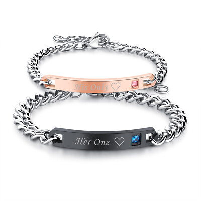 2pcs Couples Stainless Steel CZ ''His Only''Her One'' Bracelet Chain Promise Gift