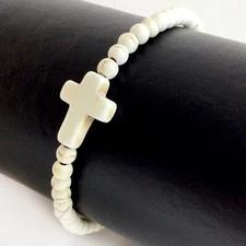 White Cross Christian Bracelet Handmade Beaded Howlite Turquoise Bead 7.5"