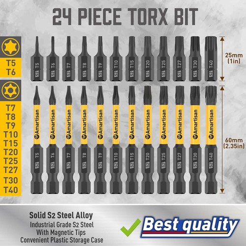Amartisan Torx Bit Set, 24-Piece S2 Steel, 1" & 2.3" Long T5 - T40, Security USA - Picture 15 of 24