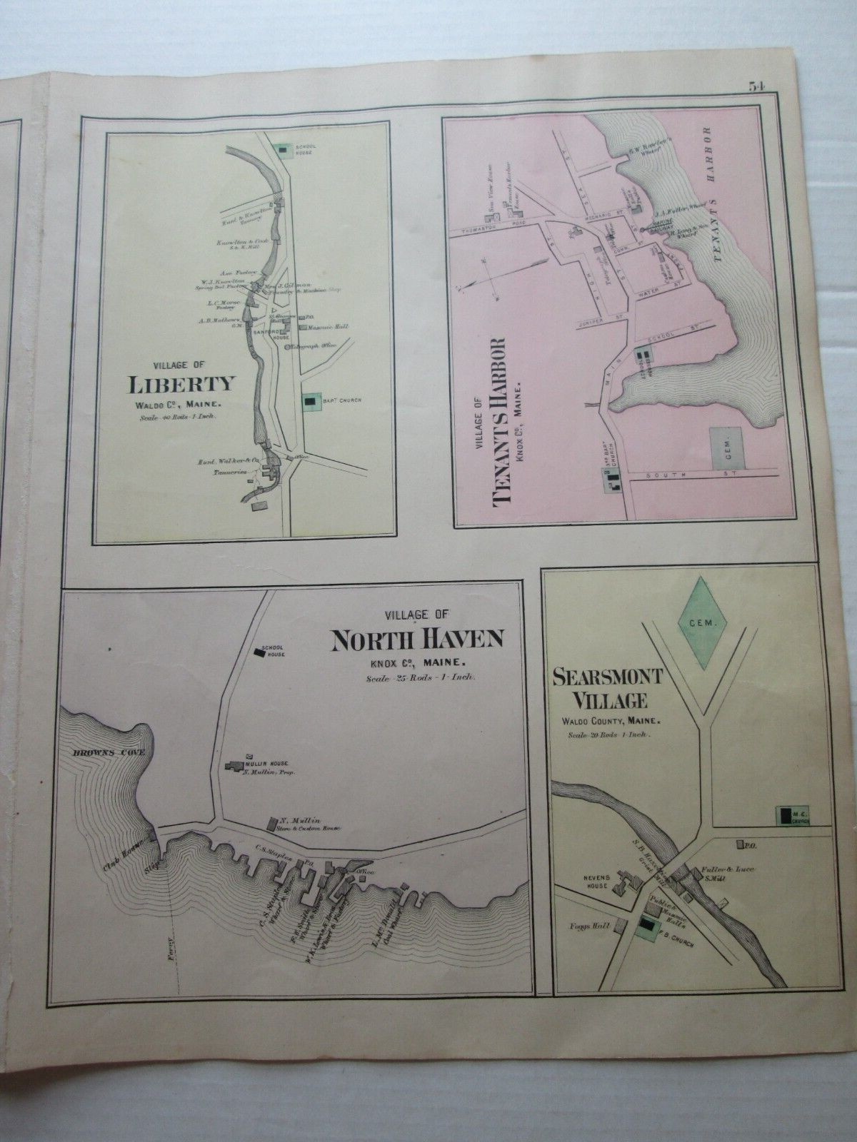 ONE (1) 18871888 ANTIQUE MAP STUART'S MAINE ATLAS, VILLAGES SEARSMONT
