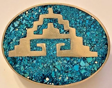 Vintage Aztec Themed Silver-Plated Oval ALPACA BELT BUCKLE -Turquoise Inlay READ