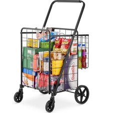 Folding Shopping Cart, Jumbo Grocery Cart with Double Baskets, 110 LBS Capacity