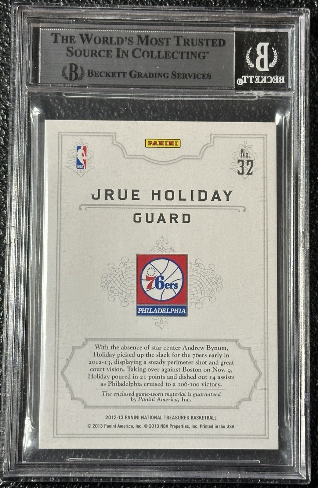 2012-13 Panini National Treasures Jrue Holiday NBA Logoman /4 BGS 8.5 #32 76ers view 2