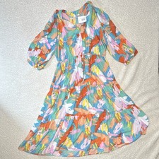 GeeGee 3X Macie Tiered Midi Dress Multicolor Abstract Print 3/4 Sleeve V-Neck