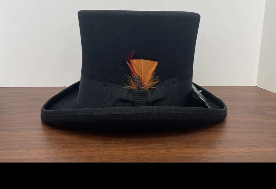 Ferrecci USA Men's Black Top Hat w/ Orange Feather & Box - Size M New - Image 2 of 4