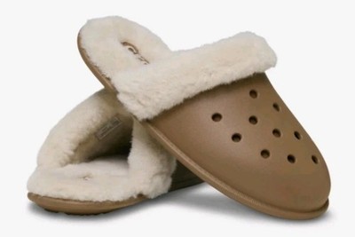 Crocs Classic Fuzz Scuff Slippers Brown Faux Fur Fuzzy Lining M6/W8