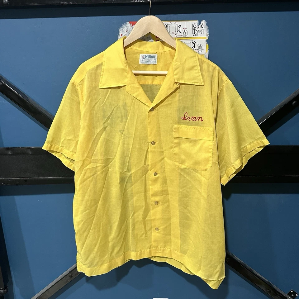 Vintage 50s 60s Hilton El Zaribah Button-up Shirt Yellow Arizona Chain Stitch XL - Image 2 of 4