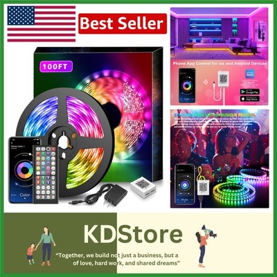 Color Changing LED Strip Lights 100ft - Easy Install with Remote & App Control