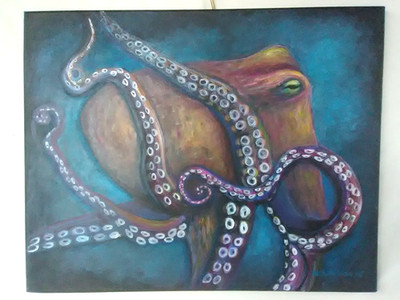 Original  Painting Octopus Sea Marine  Life 16x20'' Canvas Artwork Wall Art