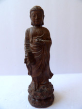 Hand Carved Wooden Standing Buddha Figure On Lotus Blossom Abhaya Mudra 5-3/4"