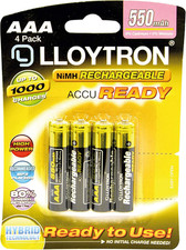 Lloytron AAA Rechargeable Batteries 550mAh NiMH 4 Pack AccuReady Long Life 1.25 per battery