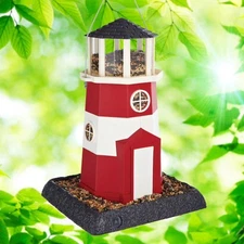 Red and White Lighthouse Hopper Bird Feeder 8 lb Capacity Outdoor Garden