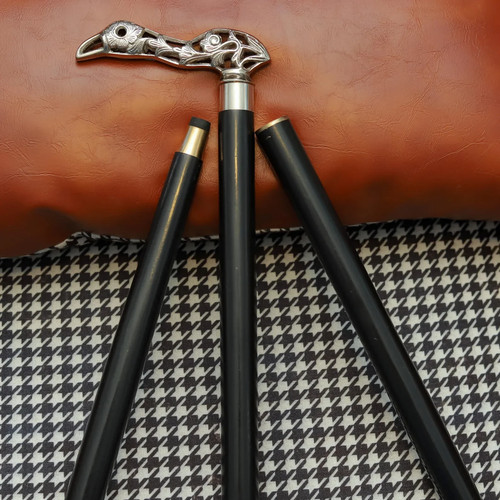 Bird Handle Walking Stick Silver Tone Carved Cane with Black Wooden Shaft - Picture 2 of 5