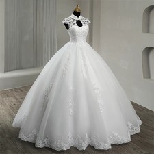 Lace Applique High Neck Cap Sleeves Wedding Dresses A Line Classical Bridal Gown