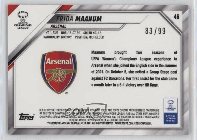2021 Chrome UEFA Women's Champions League /99 Frida Leonhardsen Maanum Rookie RC - Image 2 of 2