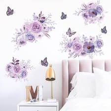 Peony Flower Wall Decals Purple Floral Butterfly Wall Art Stickers for Girls ...