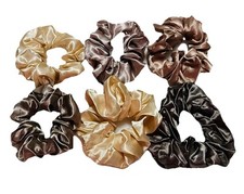 BROWN  IVORY Hair Ties Silky Satin Scrunchy Elastic Band Ponytail Holder Set
