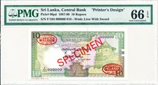 Central Bank Sri Lanka 10 Rupees 1989 Specimen Printer s Design PMG  66EPQ