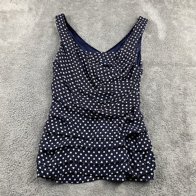 EXPRESS Ruching Sleeveless Top Womens XS Heart Polka Dot White Print Navy Blue