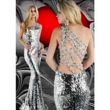 CLEARANCE WAS $672 Xcite Sequin One Shoulder Prom Dress 32285 Silver Size 12