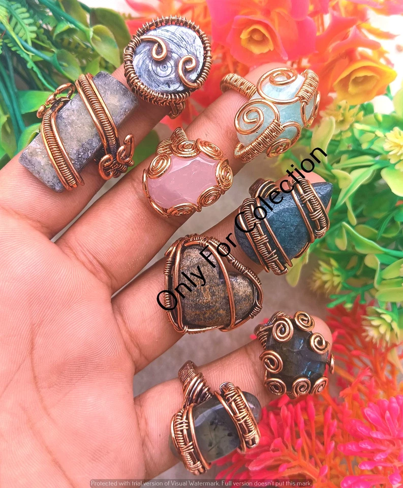 Lote de anillos de cuarzo rosa y mezcla piedras preciosas alambre de cobre envuelto joyería elegante Foto 3 de 4