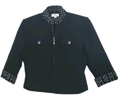 St John Sport Marie Gray Beaded Pearl Collar Cropped Jacket Blazer Black M Zip