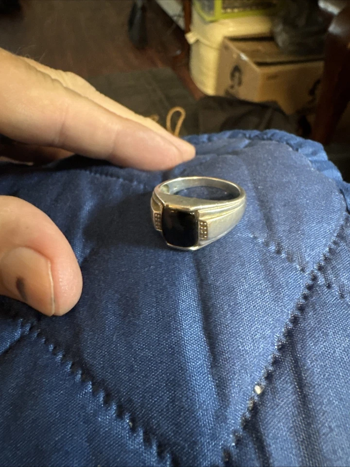 Vintage Masculino 925 Prata Esterlina 11,25 Anel Ônix Preto CZ 11 CI Tamanho 10,5 - Imagem 2 de 4