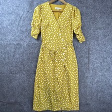 Simple Retro Tea Dress Womens XS Mustard Yellow Lily Cottage Stars Ruched Sleeve