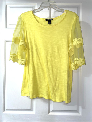 By Design LG Yellow Cotton Top with Sheer Lace Short Sleeves