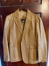 Vintage 70s Tan Leather Blazer Jacket Mens 3 Button Patch Pocket Cuir de Luxe