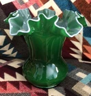 Fenton Green Vase Crimped Ruffled 6”Ribbon Top Vintage