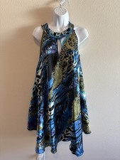 Mia Mia Collection L/XL Blue Animal Paisley Plisse Pleated Halter Mini Dress