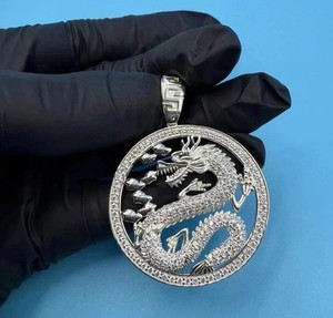 Authentic 14K White Gold Plated 2.00Ctw Round Cut Real Moissanite Dragon Medallion Pendant