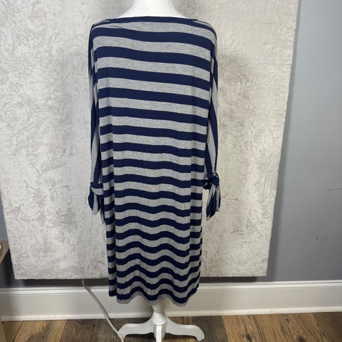 Abito donna in maglia a righe L Soft Surroundings manica 3/4 grigio navy casual - Foto 2 di 7