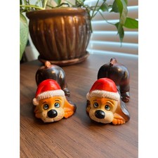 Vintage 1950s Christmas Puppy Dog Figurines Pair - Plastic Santa Hat Hounds