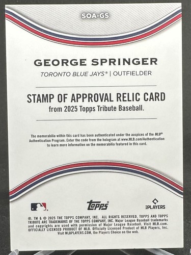 George Springer 2025 Topps Tribute Purple Stamp of Approval Game Used Relic /50 - Picture 2 of 2
