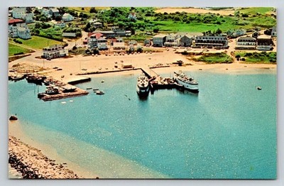 Old Harbor Block Island RI Aerial View Steamship Dock Chrome Postcard