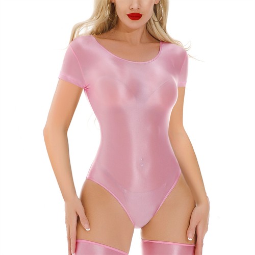 Women's Oil Shiny Glossy Short Sleeve Leotard Jumpsuit Bikini Swimwear Bodysuit - Picture 50 of 67